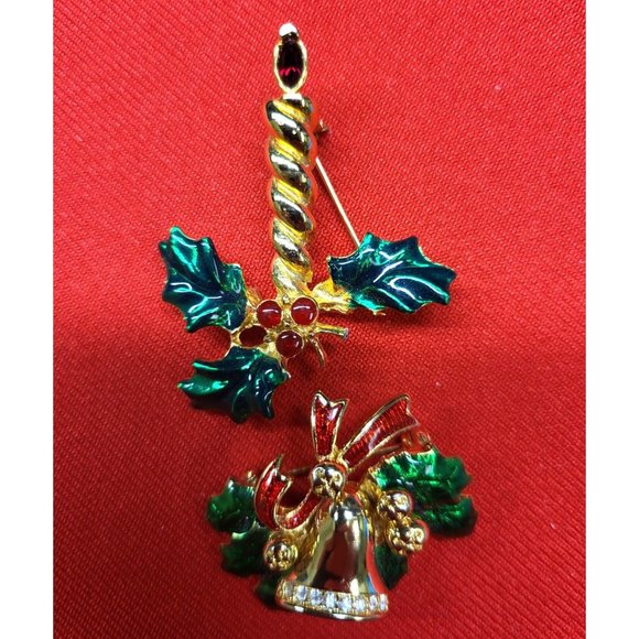 Christmas Pins/ Brooch Set of 2 Christmas Holly Berry marked "AK" & Holly Leaf B - Picture 2 of 10